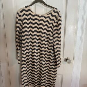 J. Crew Black and Cream Chevron Long Sleeve Dress
